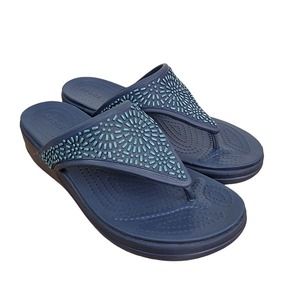 Crocs Monterey Diamante Sandals Wedge Flip Flop BlueDual Comfort Thong Womens 10